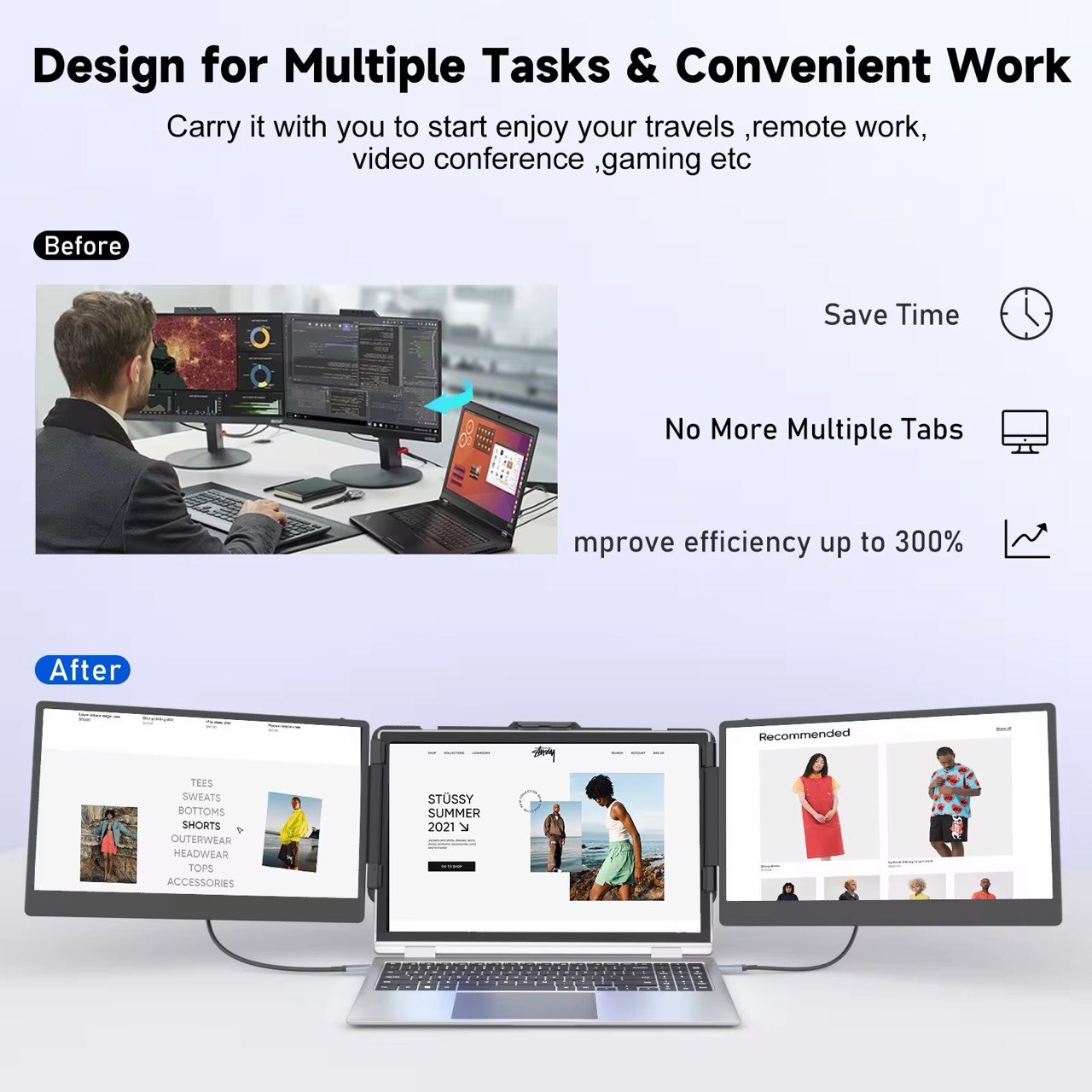 14” Triple Portable Laptop Monitor Extender – Dual IPS FHD Foldable Screens with 360° Rotation 5
