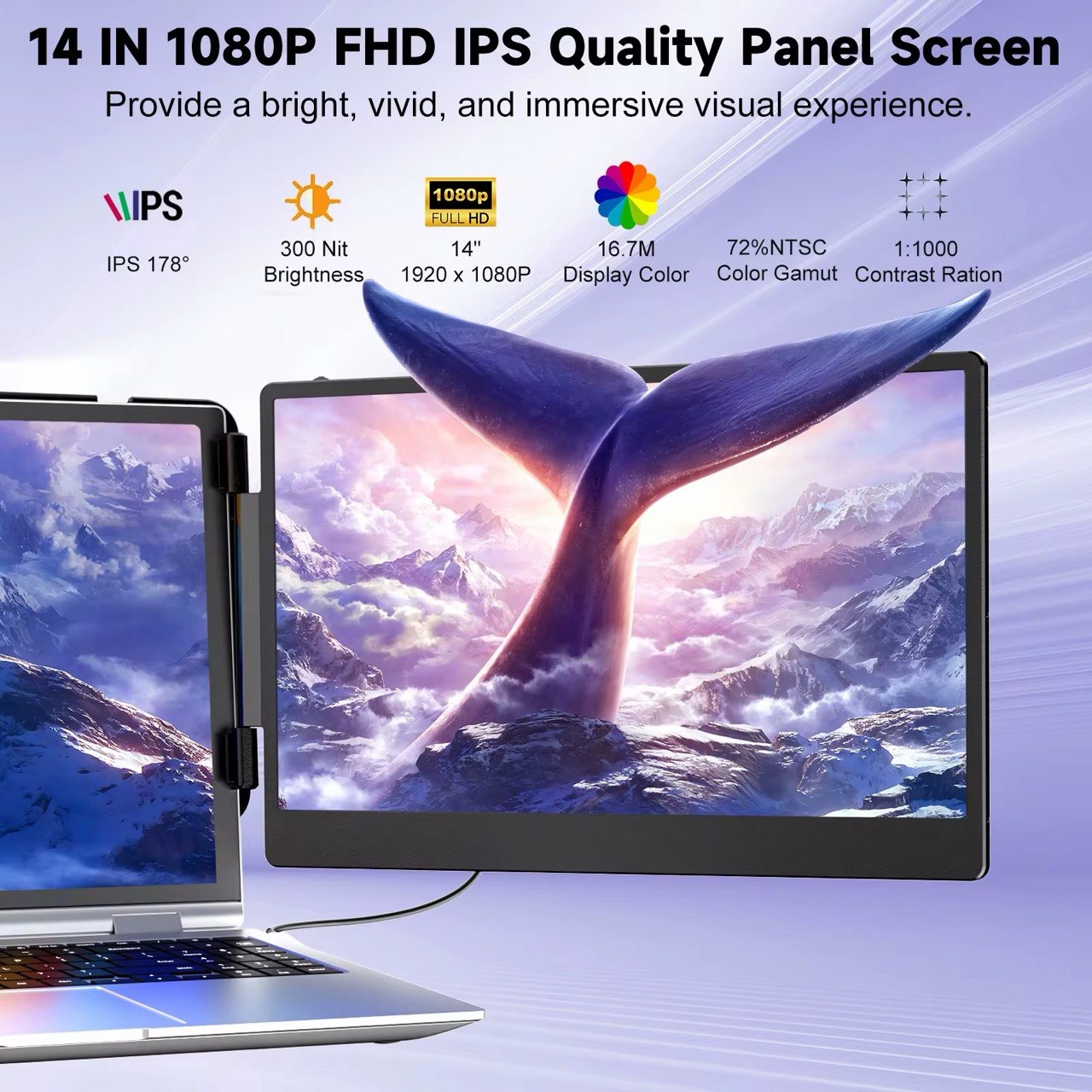14” Triple Portable Laptop Monitor Extender – Dual IPS FHD Foldable Screens with 360° Rotation 6