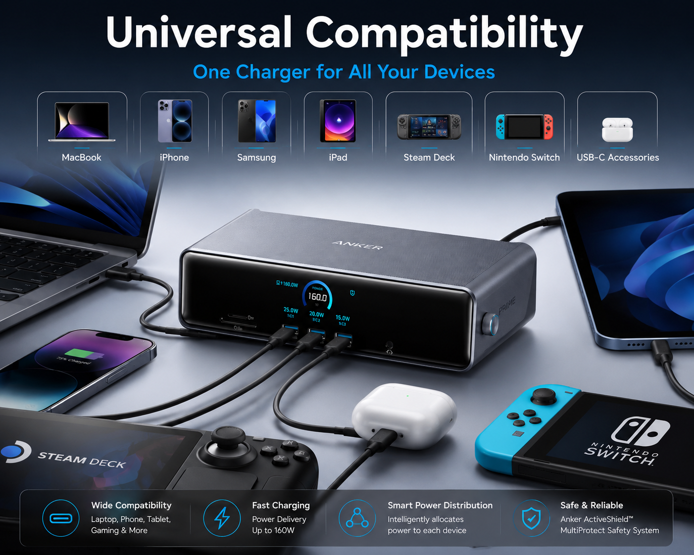 Anker Prime 160W GaN USB-C Desktop Charger – 6-Port Fast Charging Station with Smart LCD Display 3